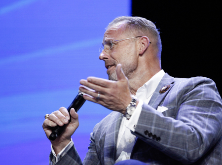 Clint Pressley, pastor of Hickory Grove Baptist Church, speaks during the presidential forum in the exhibit hall of the Indiana Convention Center in Indianapolis, Indiana, on June 10. The forum was held the night before the two-day 2024 SBC Annual Meeting.