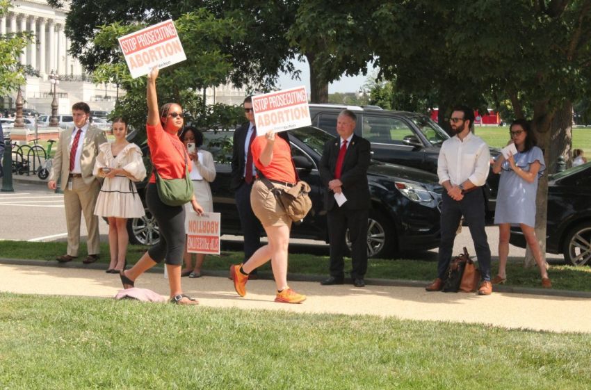 Pro-choice demonstrators protest Live Action's press conference in Washington, D.C., on June 12, 2024.