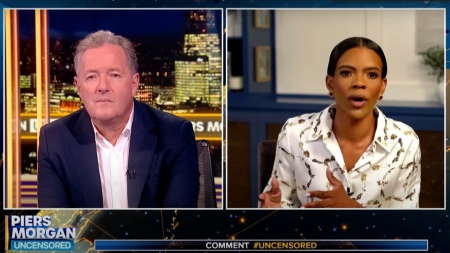 Candace Owens (R) speaks during an interview with Piers Morgan (L) in June 2024.