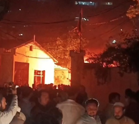 Video footage circulated on social media shows the police station in Madyan on fire.