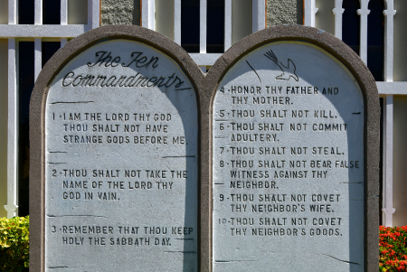 The Catholic Ten Commandments is featured in two tablets in front of the Catholic Cathedral of Our Lady of Mount Carmel Cathedral in Charan, Saipan, Commonwealth of the Northern Mariana Islands.