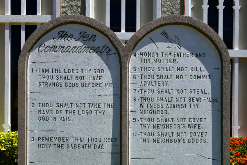 The Catholic Ten Commandments is featured in two tablets in front of the Catholic Cathedral of Our Lady of Mount Carmel Cathedral in Charan, Saipan, Commonwealth of the Northern Mariana Islands. 