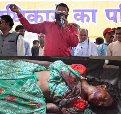 Top: An unidentified man speaks out at a June 24 protest following the death of Bindu Sodhi in Chhattisgarh, India. Bottom: The deceased body of Bindu Sodhi.