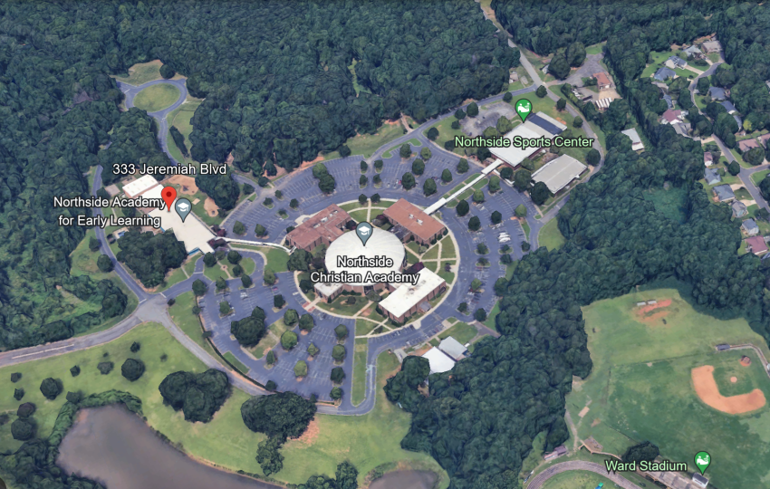 An aerial shot of the property Northside Christian Academy shared with Northside Baptist Church at 333 Jeremiah Blvd. in Charlotte, North Carolina.