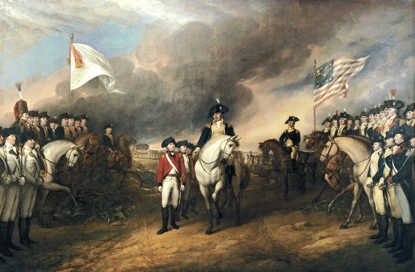 A 19th century painting by John Trumbull depicting the surrender of British General Lord Cornwallis at Yorktown, Virginia, in 1781, which led to the United States gaining its independence.