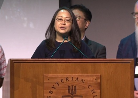 The Rev. Jihyun Oh, who was elected stated clerk of the Office of the General Assembly of Presbyterian Church (USA), giving remarks before the 226th General Assembly in Salt Lake City, Utah, on Monday, July 1, 2024.
