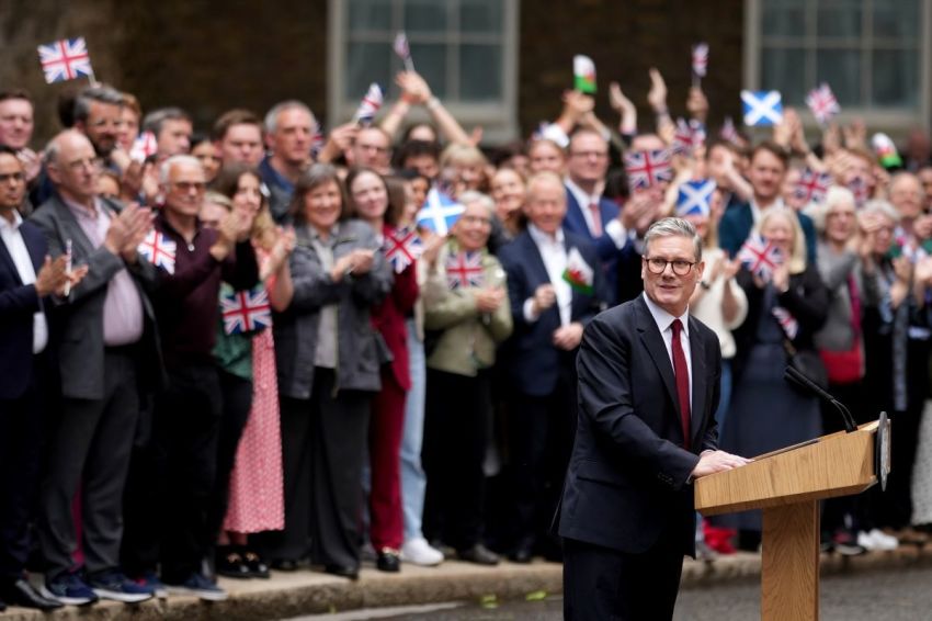 Labour leader and incoming Prime Minister Sir Keir Starmer speaks to the media as he enters 10 Downing Street following Labour's landslide election victory on July 5, 2024 in London, England. The Labour Party won a landslide victory in the 2024 general election, ending 14 years of Conservative government. 