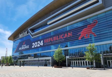 Fiserv Forum is pictured decorated for the Republican National Convention in Milwaukee, Wisconsin, on July 1, 2024. The city of Milwaukee will host the 2024 Republican Convention at Fiserv Forum which will run from July 15 through July 18.