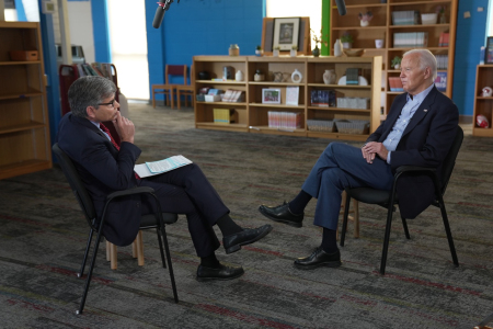 In this handout photo provided by ABC, U.S. President Joe Biden speaks with "This Week" anchor George Stephanopoulos on July 05, 2024, in Madison, Wisconsin. The president sat down with Stephanopoulos while on the campaign trail in Wisconsin, a few days after a debate with former President Donald Trump.
