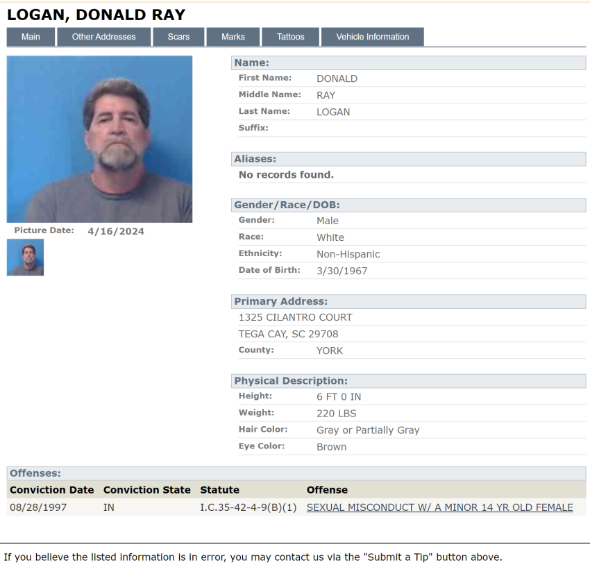Former Eternal Church Pastor Donald Logan registered as a sex offender with the Lexington County Sheriff's Office in South Carolina in April 2024.