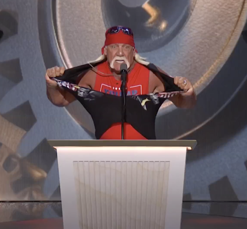 Hulk Hogan rips off his shirt while making a speech in front of former President Donald Trump at the 2024 Republican National Convention on July 18, 2024.