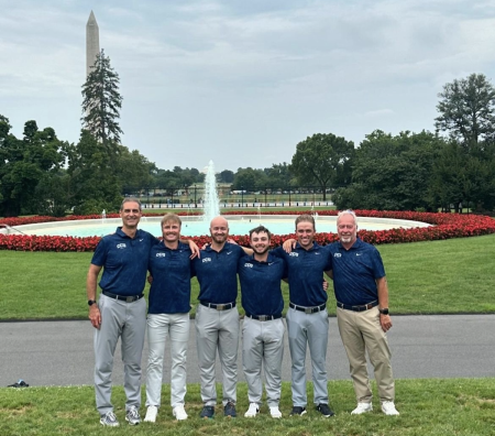 Members of the Colorado Christian University Men's Golf Team pose for a picture at the White House, July 22, 2024. From left: Head Coach Mark Hull, Adam Duncan, Cameron Sandland, Peyton Jones, Assistant Coach Stan Sayers.