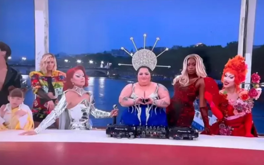 French lesbian DJ Barbara Butch poses as Jesus in a parody of "The Last Supper" featuring men in drag. The scene offended Christians worldwide when the opening ceremony of the Paris Olympics aired on July 26, 2024.