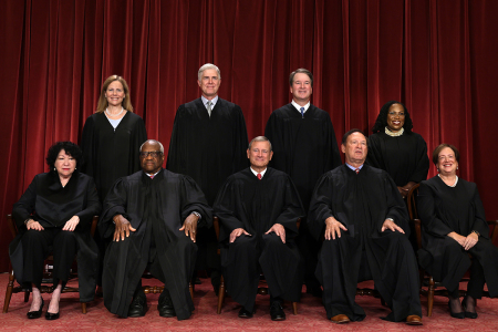 United States Supreme Court (front row L-R) Associate Justice Sonia Sotomayor, Associate Justice Clarence Thomas, Chief Justice of the United States John Roberts, Associate Justice Samuel Alito, and Associate Justice Elena Kagan, (back row L-R) Associate Justice Amy Coney Barrett, Associate Justice Neil Gorsuch, Associate Justice Brett Kavanaugh and Associate Justice Ketanji Brown Jackson pose for their official portrait at the East Conference Room of the Supreme Court building on October 7, 2022, in Washington, D.C. The Supreme Court has begun a new term after Associate Justice Ketanji Brown Jackson was officially added to the bench in September.