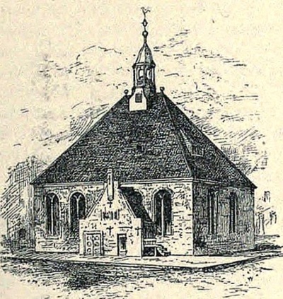A 19th century illustration of the church overseen by Johannes Megapolensis (1603-1670), a Dutch preacher known for his mission work in what is now New York.