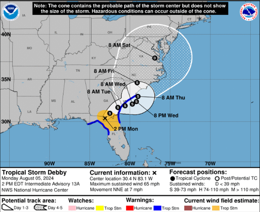 The projected path of Tropical Storm Debby, as of Monday afternoon Aug. 5, 2024, is shown in this graphic shared by the National Hurricane Center.