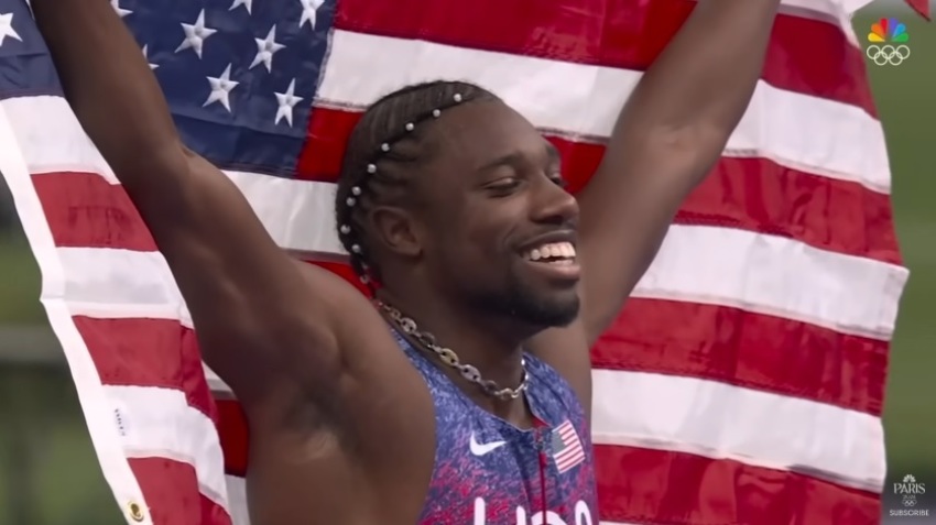 American Noah Lyles celebrates after winning the 100-meter men's final at the 2024 Summer Olympics in Paris, France.