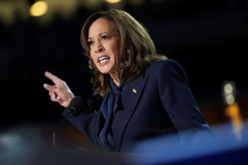 Democratic presidential nominee U.S. Vice President Kamala Harris speaks on stage during the final day of the Democratic National Convention at the United Center on Aug. 22, 2024, in Chicago, Illinois.