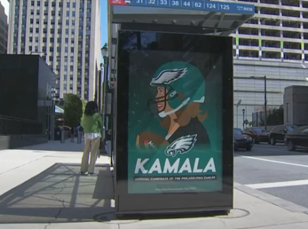 A counterfeit advertisement is displayed at a bus stop in Philadelphia, Pennsylvania, in September 2024.