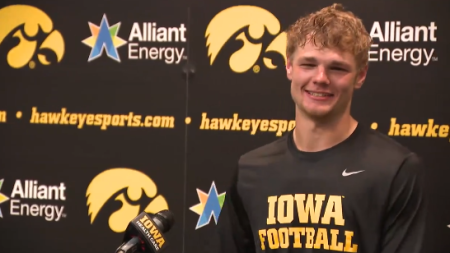 University of Iowa wide receiver Reece Vander Zee speaks during a post-game press conference following the Hawkeyes' victory on Aug. 31, 2024.