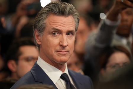 Gov. Gavin Newsom, D-Calif., speaks to reporters in the spin room following the CNN Presidential Debate between U.S. President Joe Biden and Republican presidential candidate, former U.S. President Donald Trump at the McCamish Pavilion on the Georgia Institute of Technology campus on June 27, 2024 in Atlanta, Georgia. President Biden and former President Trump are faced off in the first presidential debate of the 2024 campaign. 