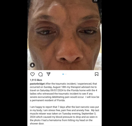 Co-founder of New Light Church in Houston, Texas, Bridget Hilliard, says she suffered a hematoma from a "traumatic incident" on Aug. 18, 2024.