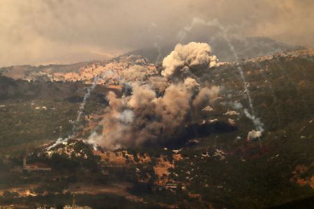 Smoke billows from the site of an Israeli strike that targeted the Jabal Al-Rehan area in the southern Lebanese Jezzine district on September 21, 2024. The Israeli military announced on September 21 that it was carrying out new air strikes against Hezbollah targets in Lebanon, without offering details. 