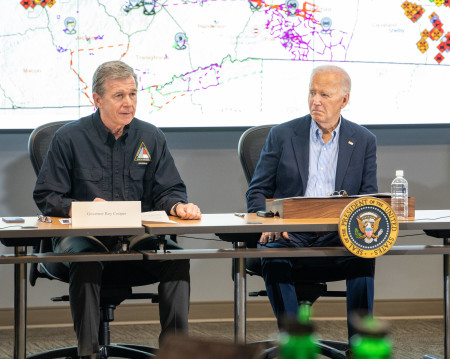 President Joe Biden and North Carolina Gov. Roy Cooper at a briefing in Raleigh N.C., on Oct. 3, 2024.