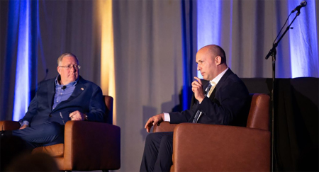 Joel C. Rosenberg hosts former Israeli Prime Minister Naftali Bennett at the Epicenter Briefing in Carlsbad, California, on Sept. 26, 2024.
