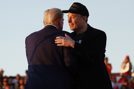 Elon Musk embraces President Donald Trump during a campaign rally at the Butler Farm Show fairgrounds on Oct. 5, 2024, in Butler, Pennsylvania.