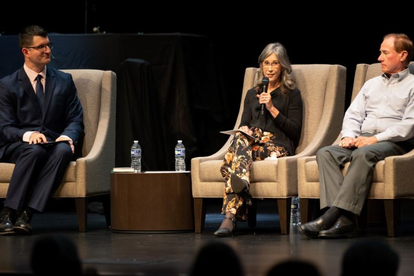 Dr. Susan Ashton-Lazaroae (middle) speaks during the "Unmasking Gender Ideology II" event at Burke Community Church in Burke, Virginia, on Oct. 6, 2024. She was joined on the panel by Christian Post opinion writer and podcaster Brandon Showalter (left) and parent Bill Mahoney (right).