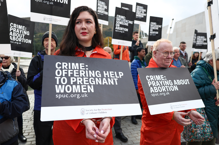 Demonstrators hold an 'abortion clinic buffer zone' protest outside the Scottish parliament on Sept. 24, 2024, in Edinburgh, Scotland. A new law in Scotland bans protesters from gathering within 200 meters of clinics where abortions are carried out. The anti-abortion group Society for the Protection of Unborn Children has organized protests against the measure.