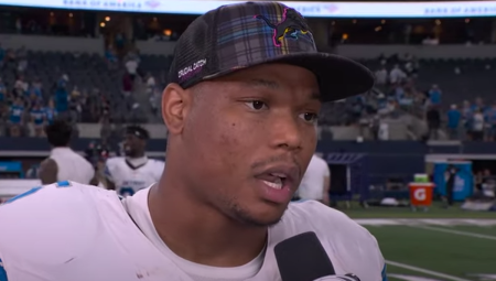 Detroit Lions player David Montgomery discusses the injury sustained by his teammate Aidan Hutchinson during the team's match against the Dallas Cowboys in a post game interview, Oct. 13, 2024.