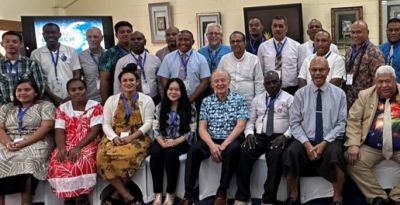 A group shot of speakers and national leaders at the FINISH Oceania Summit in Suma, Fiji, from Oct. 8 to Oct. 10, 2024.