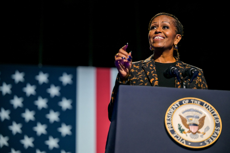 Former first lady Michelle Obama speaks ahead of the arrival of Democratic presidential nominee, U.S. Vice President Kamala Harris during a campaign rally at the Wings Event Center on Oct. 26, 2024, in Kalamazoo, Michigan. Vice President Harris was campaigning with Michelle Obama in the battleground swing state of Michigan. With few days remaining, Harris continues campaigning against Republican presidential nominee, former U.S. President Donald Trump ahead of the Nov. 5 election.