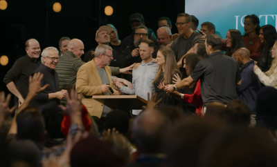 Bill Johnson (2nd L) senior leader of Bethel Church in Redding, California, joins other leaders of his megachurch in commissioning at a worship service on Nov. 3, 2024. 