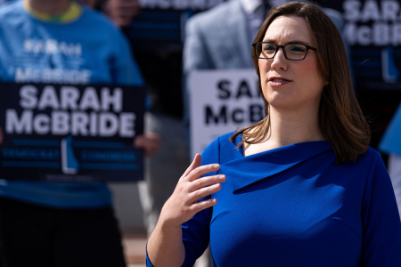 Trans-identified Democratic congressional candidate from Delaware Sarah (Tim) McBride speaks at a press conference on the steps of Delaware Legislative Hall on March 4, 2024, in Dover, Delaware. If elected, he would be the first trans-identified person to serve in the U.S. Congress. McBride, who represents Delaware's First State Senate district, has worked for former Delaware Gov. Jack Markell, the late Attorney General Beau Biden, the Obama White House, and most recently as the national spokesperson for the Human Rights Campaign.