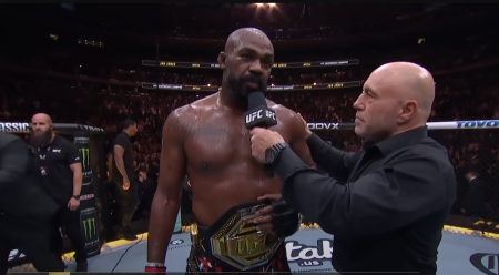 Jon "Bones" Jones being interviewed by Joe Rogan after a UFC fight in Madison Square Garden, New York City, on Nov. 16, 2024.