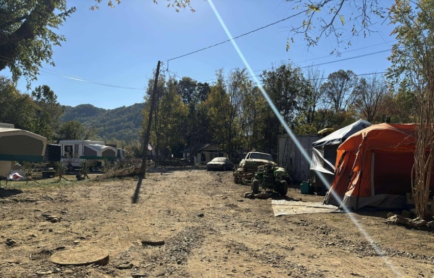 Residential neighborhood along Old US Highway 70, where storm victims are still living in tents and campers in Swannanoa, North Carolina on October 21, 2024, after Hurricane Helene devastated the region.