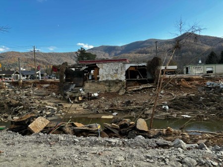 Overlooking the Swannanoa River in Western North Carolina and the destruction the rising river caused on Nov 8, 2024, after Hurricane Helene devastated the region.