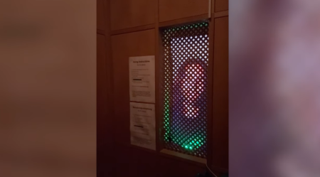 A screenshot from video of an interactive "AI Jesus" art exhibit in Lucerne, Switzerland.