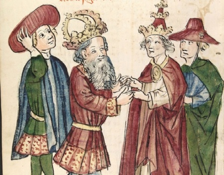A depiction of 10th century Holy Roman Emperor Otto I meeting with Pope John XII.