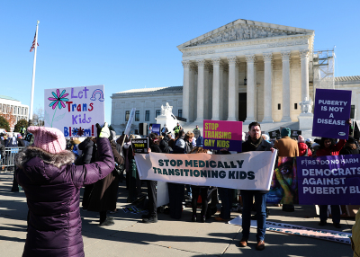Trans activists, supporters and opponent rally outside of the U.S. Supreme Court as the high court hears arguments in a case on transgender health rights on Dec. 04, 2024, in Washington, D.C. The Supreme Court is hearing arguments in U.S. v. Skrmetti, a case about Tennessee's law banning puberty blockers, cross-sex hormones and body-mutilating sex-changes surgeries for minors and if it violates the U.S. Constitution’s equal protection guarantee.