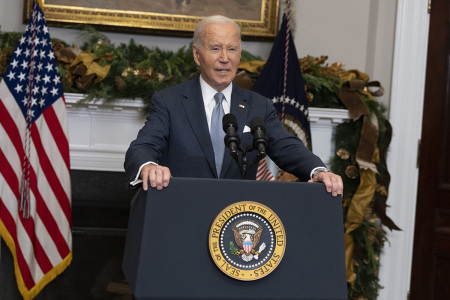 U.S. President Joe Biden speaks about the situation in Syria in the Roosevelt Room at the White House in Washington, D.C., on Dec. 8, 2024, following a crisis meeting to discuss the sudden overthrow by Islamist-led rebels of President Bashar al-Assad.