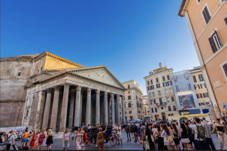 People gather outside the Pantheon in Rome, Italy.