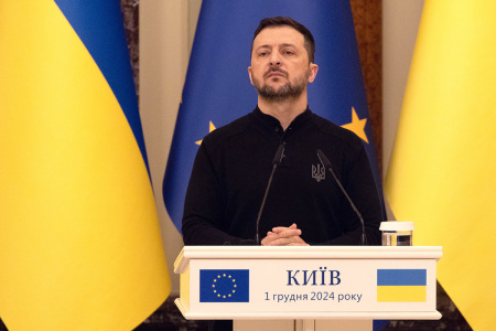 President of Ukraine Volodymyr Zelensky during a joint press conference with President of the European Council António Costa on Dec. 1, 2024, in Kyiv, Ukraine. The EU's new diplomat Kaja Kallas and head of the European Council President Antonio Costa arrived in Kyiv Sunday to show support for Ukraine on their first day in office.