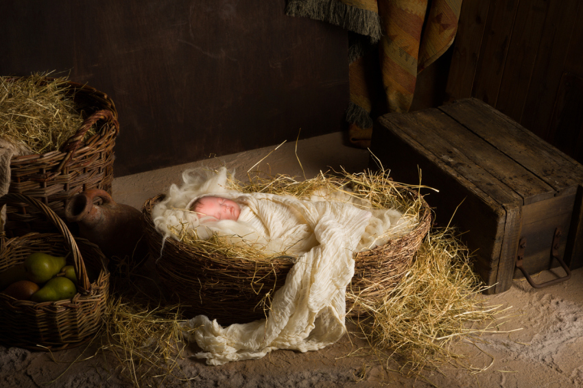 The baby Jesus sleeping in a manger. 