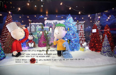 A Peanuts inspired Christmas window at the Macy's Presents