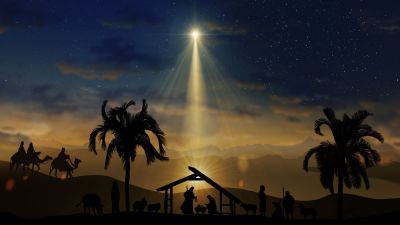 Christmas Scene with twinkling stars and brighter star of Bethlehem with nativity characters animals and trees. Nativity Christmas story under starry sky and moving wispy clouds.