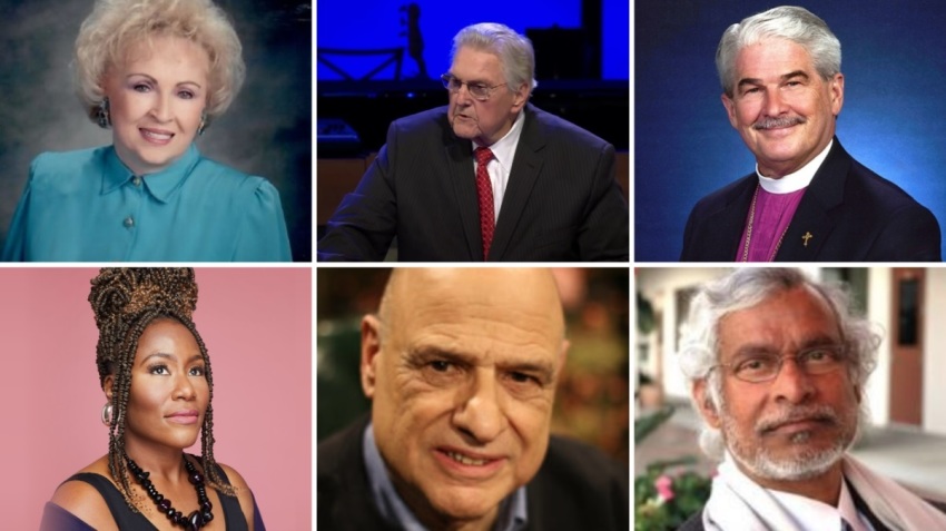 Top L to R: Beverly LaHaye, Courtesy Concerned Women for America; Junior Hill, Screengrab/ YouTube/Bellevue Baptist Church; Jack Leo Iker, Diocese of Fort Worth; Bottom L to R: Mandisa, Courtesy Hannah Burton; Tony Campolo, dordt.edu; K.P. Yohannan, provided. 